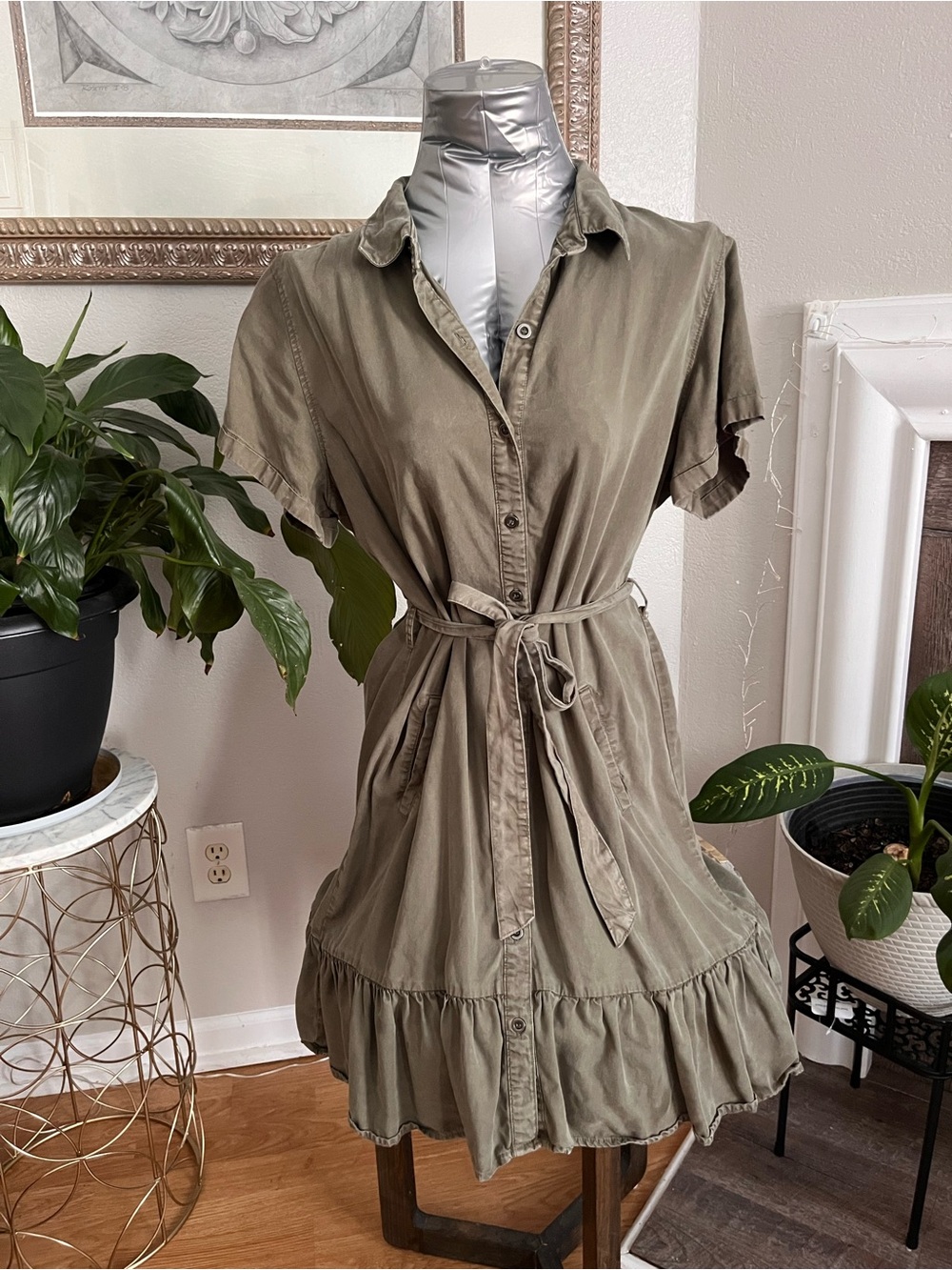 Women’s Olive Button-Front Shirt Dress with Tie Waist